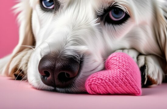 Cute white dog gives a pink heart. close-up. Valentine's card. The 14th of February.  Vet 