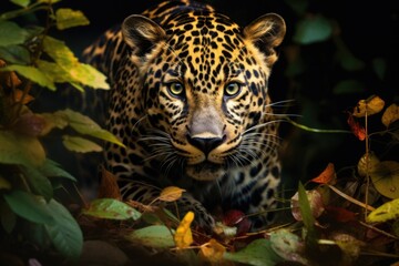 a jaguar is sneaking out from the bushes in a forest