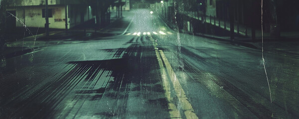 An image taken through a broken glass or lens in the middle of an empty town street at night. Dark road leading to the center. Dark empty wet road.