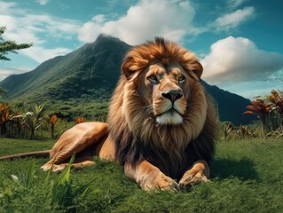 a lion laying on a green field with the view of mountains and sky