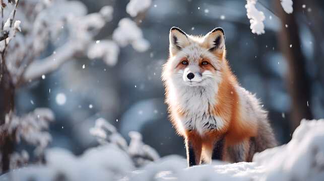 Snow-covered landscapes transform into a wonderland, sheltering fox in frosty silence.A red fox, its fur thick and warm, dashing through the snow-covered forest, leaving behind a trail of paw prints i