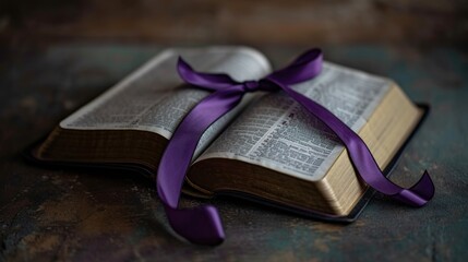 Open bible with purple ribbon bookmark on Ash Wednesday, ash cross visible on the page, feeling of devotion and quiet reflection