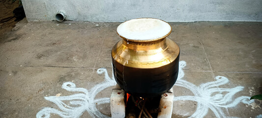 Golden color brass pot with rice. traditional south Indian Thai Pongal festival.