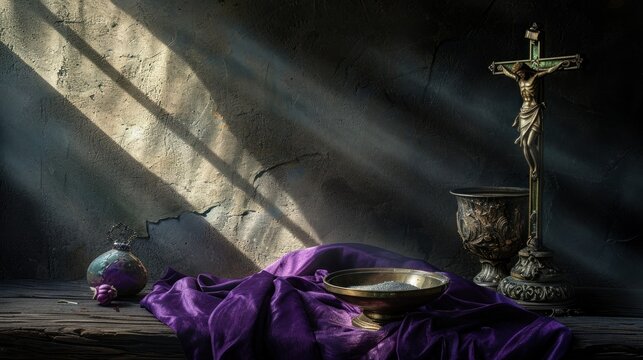 Ash Wednesday Still Life with Crucifix and Ashes in ray of light. Still life of Ash Wednesday with purple cloth, ash bowl, and a crucifix, elegant and somber composition