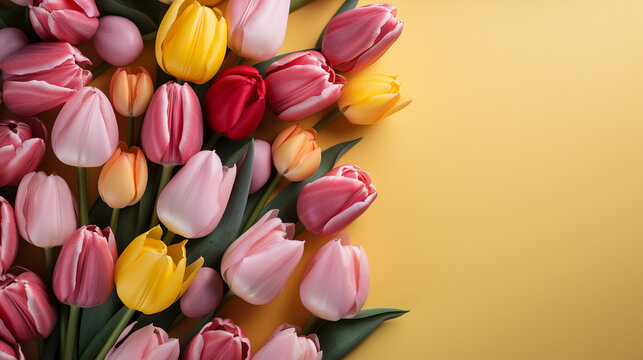 Stylish background with colorful tulip flowers. Flat lay, top view, mockup, overhead, template. Long banner