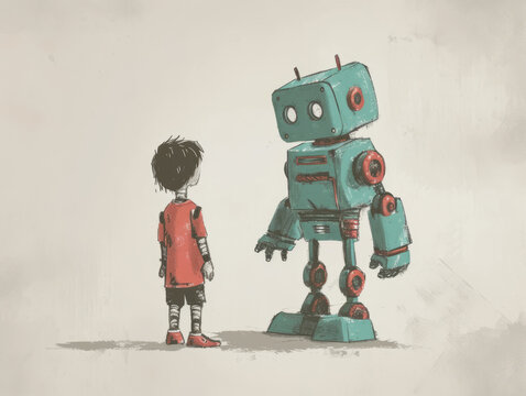Child and Robot Friendship Illustration
