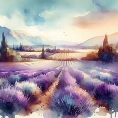 Serene Lavender Fields: Watercolor Landscape of Provencal Beauty