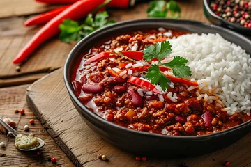 Keuken spatwand met foto delicious chili with meat and rice served in a bowl on a wooden table © Jorge Ferreiro