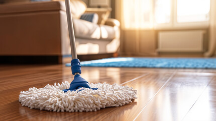 Modern microfiber mop cleaning the house floor, clean wood parquet, perfect cleanser tool