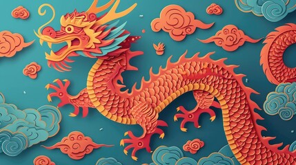 Colorful paper cut craft chinese zodiac dragon with clouds and sea in the background, layered paper craft chinese dragon for chinese new year celebration
