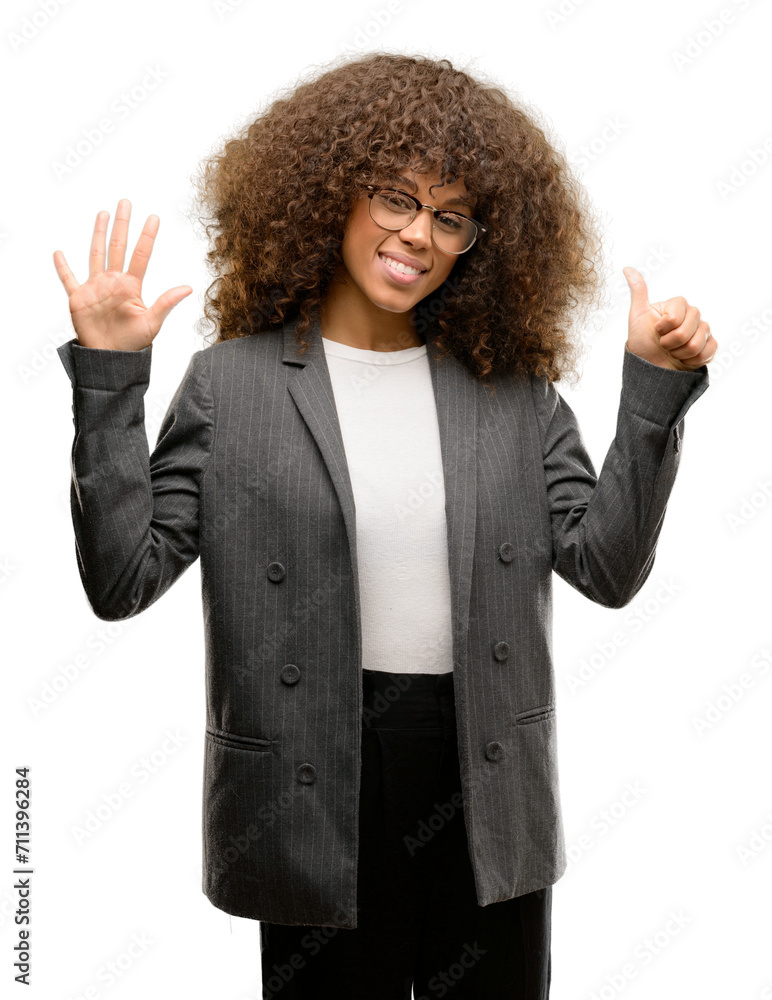 Sticker african american business woman wearing glasses showing and pointing up with fingers number six whil