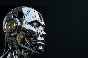 Fototapeta premium Humanoid robot head made of shiny black metal on black background with space for text. Concept of technical progress and artificial technology. Copy space.