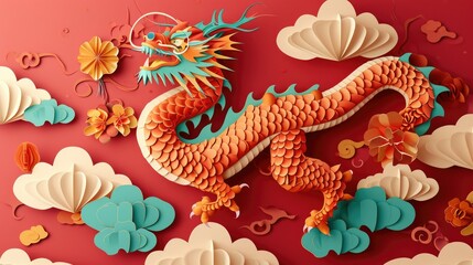 Naklejka premium Dynamic paper-cut design chinese zodiac dragon with clouds and sea in the background, layered paper craft chinese dragon for chinese new year celebration