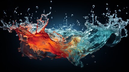 Colorful juice splash on a black background. Perfect colored water shot in a studio. Beautiful shot of water splash on a dark background. Transparent liquid in a studio. 3d render.