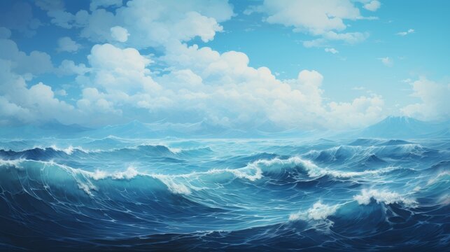 Art of a calm ocean on a bright summer day. Illustration of a beautiful ocean. Perfect blue sea with small waves. Fairytale tranquil sea with beautiful clouds.