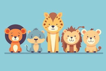 Naklejka premium A set of cute cartoon animals. Vector flat images of animals for postcards, invitations, textiles, thermal printing, various types of printing.