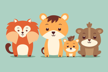 Obraz premium A set of cute cartoon animals. Vector flat images of animals for postcards, invitations, textiles, thermal printing, various types of printing.