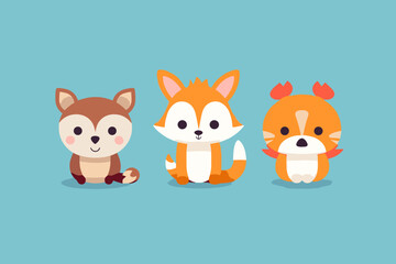 Naklejka premium A set of cute cartoon animals. Vector flat images of animals for postcards, invitations, textiles, thermal printing, various types of printing.