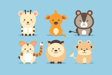 Naklejka premium A set of cute cartoon animals. Vector flat images of animals for postcards, invitations, textiles, thermal printing, various types of printing.