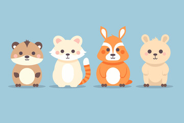 Fototapeta premium A set of cute cartoon animals. Vector flat images of animals for postcards, invitations, textiles, thermal printing, various types of printing.