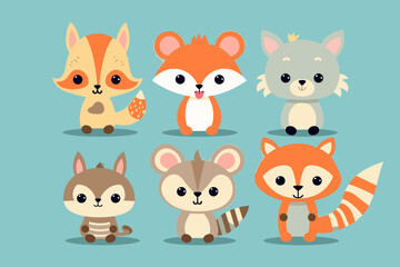 Fototapeta premium A set of cute cartoon animals. Vector flat images of animals for postcards, invitations, textiles, thermal printing, various types of printing.