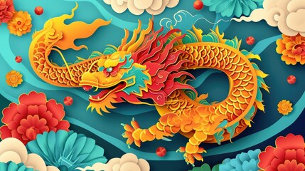 Lively paper-cut creation chinese zodiac dragon with clouds and sea in the background, layered paper craft chinese dragon for chinese new year celebration
