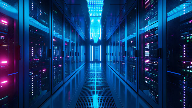 Futuristic Data Center with Vibrant Neon Lights, Modern server room with blue and pink LED lights