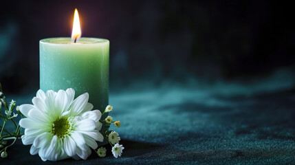 Burning candle and white flower on black background with space for text. Funeral concept.