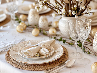 Beautiful festive table setting with colorful Easter eggs and decorative dishes and flowers