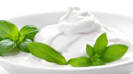 Sour cream yogurt with basil leaves in a white bowl white background