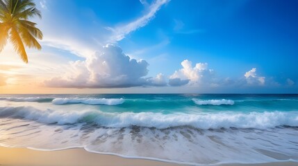 beach panorama view with foam waves before storm, seascape with Palm trees, sea or ocean water under sunset sky with dark blue clouds