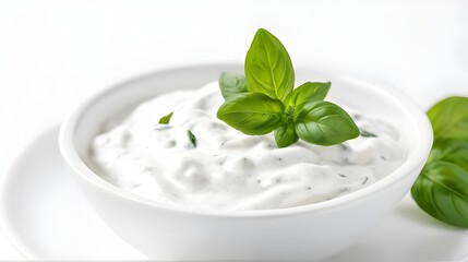 Sour cream yogurt with basil leaves in a white bowl white background - obrazy, fototapety, plakaty