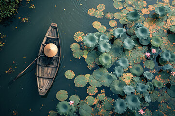 Wooden canoe on a lake with water lilies in Vietnam - obrazy, fototapety, plakaty
