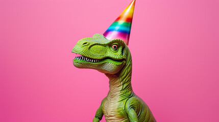 Funny dinosaur in birthday cap.  Happy birthday concept. 