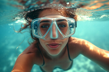Naklejka premium Young woman wearing diving glasses underwater.