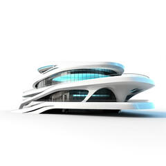 Futuristic building isolated on white background. Architecture of rounded shapes of glass and concrete. Future house trendy minimalist architecture