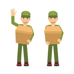 Delivery man. Courier with the parcel waves his hand, vector illustration
