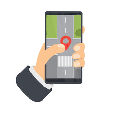 Using a mobile phone for navigation. Location detection, vector illustration