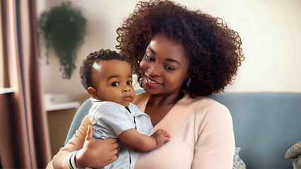 Uma mulher negra, com seu bebê nos braços, feliz. - obrazy, fototapety, plakaty