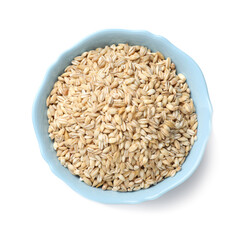 Dry pearl barley in bowl isolated on white, top view