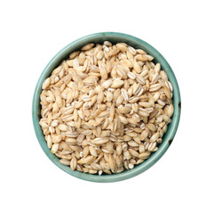 Dry pearl barley in bowl isolated on white, top view