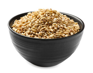 Dry pearl barley in bowl isolated on white