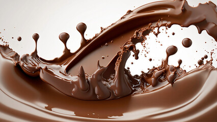 Um splash de chocolate com alguns espirros da bebida e com fundo branco.