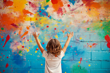 Rear view of little girl hands painted with colorful paints on the wall - obrazy, fototapety, plakaty