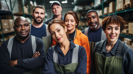 Portrait of a diverse group of warehouse workers - obrazy, fototapety, plakaty