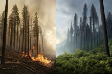 Comparable of forest with fire, environment concept. - obrazy, fototapety, plakaty