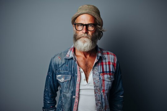 Portrait of a stylish senior hipster man with long gray beard and glasses.