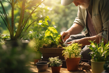 Senior man working in garden, plant flower in the pot. - obrazy, fototapety, plakaty