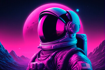Purple astronaut, on the surface of an unknown planet. Generative AI - obrazy, fototapety, plakaty