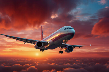 Fototapeta na wymiar Air Travel Bliss: Commercial Airplane Soaring Above Clouds in the Sunset Light. Concept of Fast Travel, Holidays, and Business Journeys.